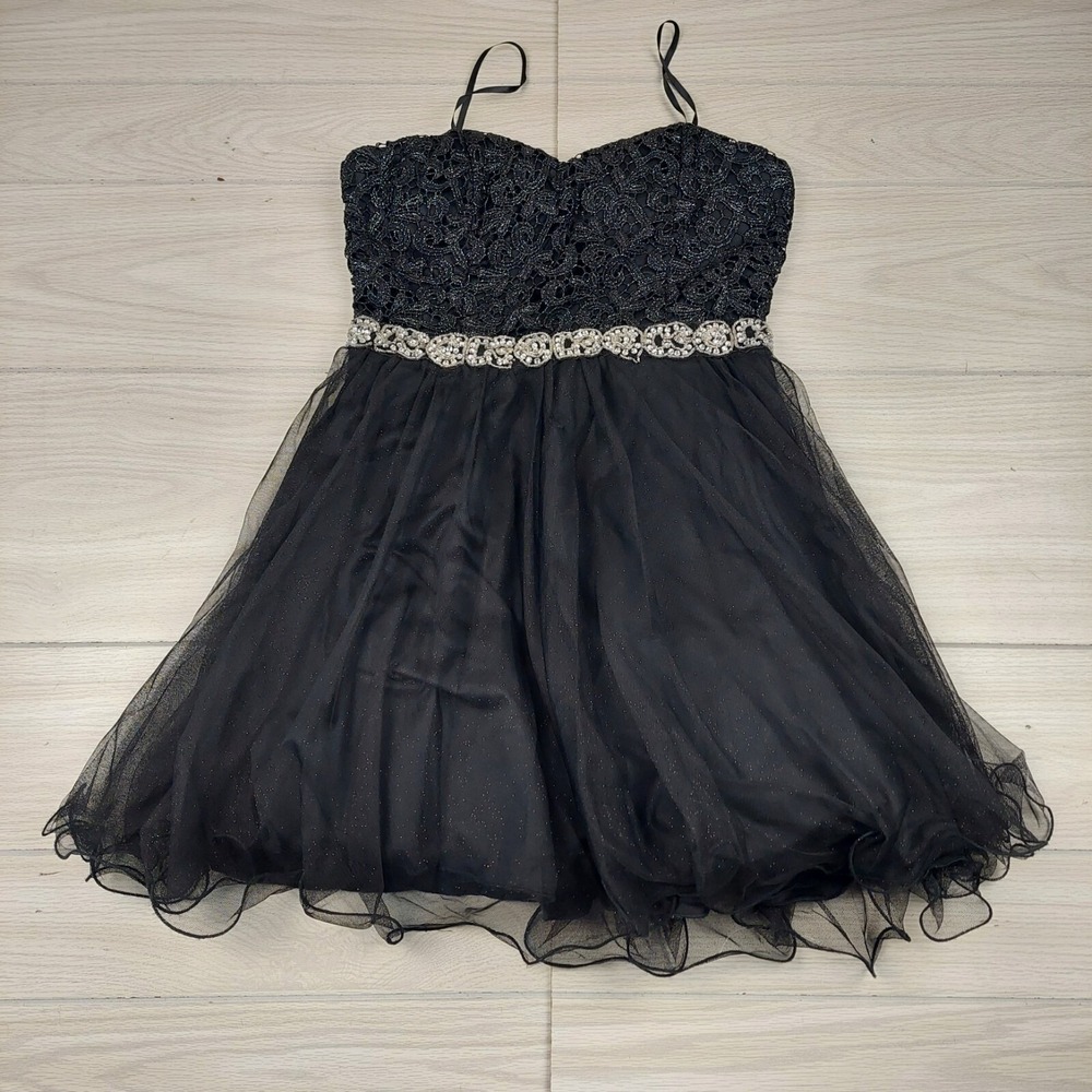 City Studio Fit and Flare Dress Womens 9 Black Lace Rhinestone Tulle Fairy Goth